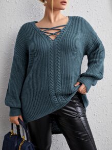 SHEIN LUNE Plus Crisscross Cable Knit Drop Shoulder Jumper - Teal Blue - View 6