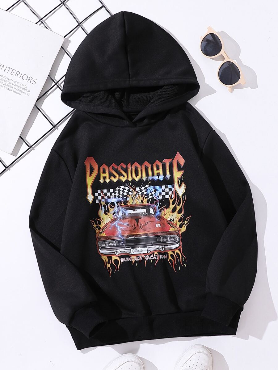 女孩汽車和字母圖案連帽衫