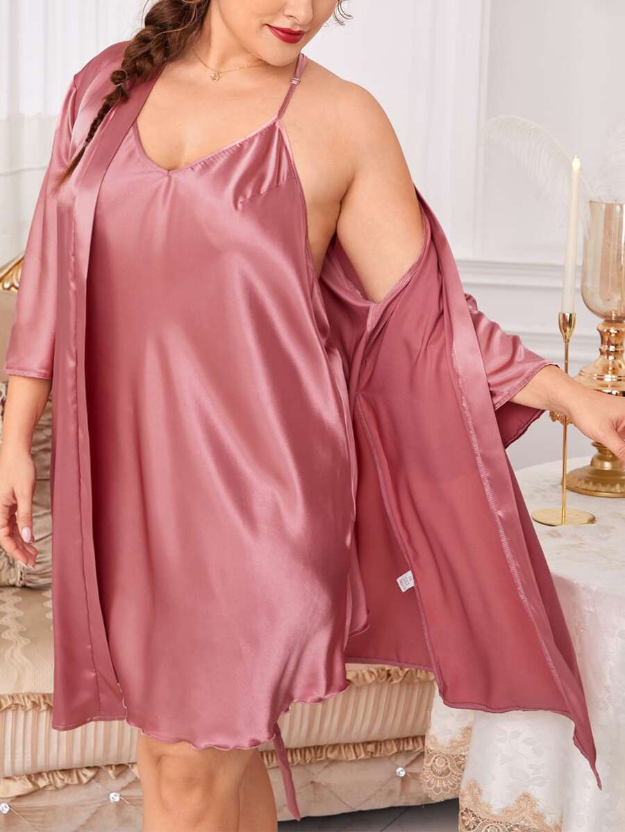 de satén ribete en forma de lechuga de espalda abierta Vestido lencero & Bata con cinturón - Rosa vieja - Ver 1