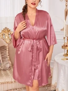 de satén ribete en forma de lechuga de espalda abierta Vestido lencero & Bata con cinturón - Rosa vieja - Ver 4