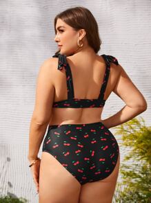 SHEIN Swim Curve Plus Size Cherry Print Knot Shoulder Bikini Set Summer Beach - Black - View 2