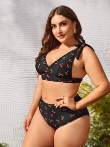 SHEIN Swim Curve Plus Size Cherry Print Knot Shoulder Bikini Set Summer Beach - Black - View 3