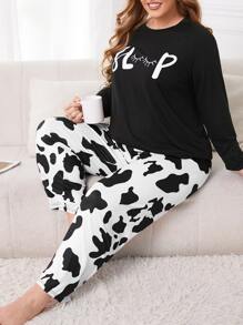 Plus Letter Graphic Tee & Cow Print Trousers PJ Set - Black and White - View 1