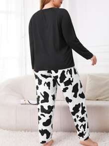 Plus Letter Graphic Tee & Cow Print Trousers PJ Set - Black and White - View 2