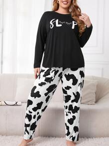 Plus Letter Graphic Tee & Cow Print Trousers PJ Set - Black and White - View 3