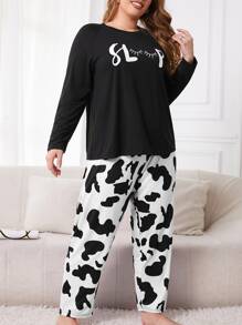 Plus Letter Graphic Tee & Cow Print Trousers PJ Set - Black and White - View 4