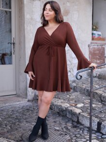 EMERY ROSE Plus Solid Ruffle Hem Wrap Dress - Chocolate Brown - View 6