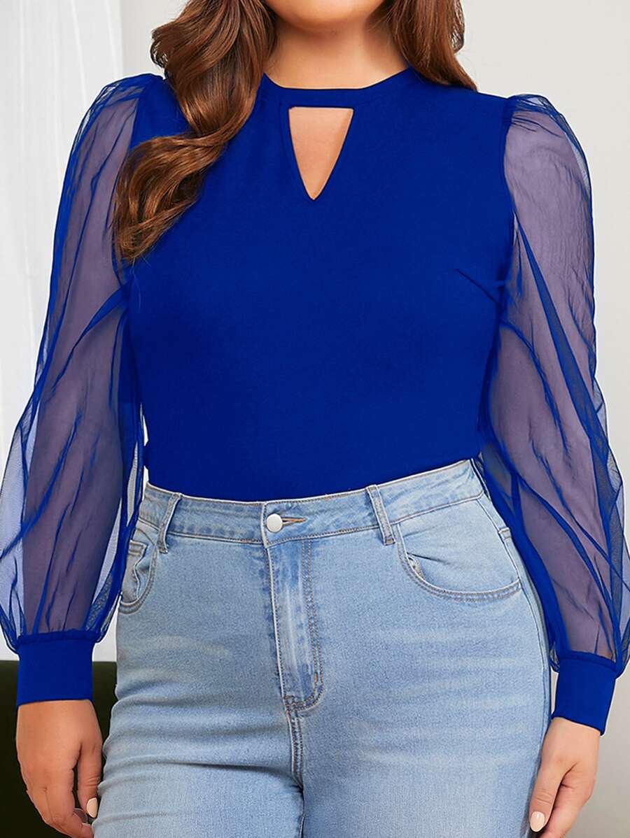 SHEIN Clasi Plus Keyhole Neckline Sheer Mesh Lantern Sleeve Top - Royal Blue - View 1