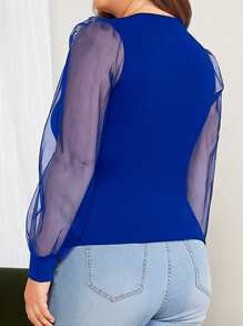 SHEIN Clasi Plus Keyhole Neckline Sheer Mesh Lantern Sleeve Top - Royal Blue - View 2