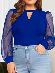 SHEIN Clasi Plus Keyhole Neckline Sheer Mesh Lantern Sleeve Top - Royal Blue - View 3