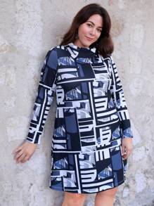 EMERY ROSE Plus Geo Print Mock Neck Tee Dress - Navy Blue - View 3