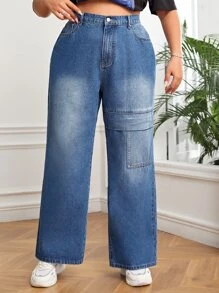 Plus Slant Pocket Straight Leg Jeans - Medium Wash - View 1