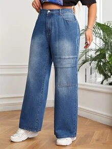 Plus Slant Pocket Straight Leg Jeans - Medium Wash - View 4