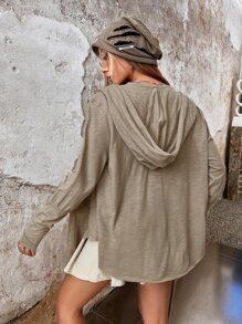 SHEIN ICON Asymmetrical Hem Open Front Hooded Coat - Khaki - View 4