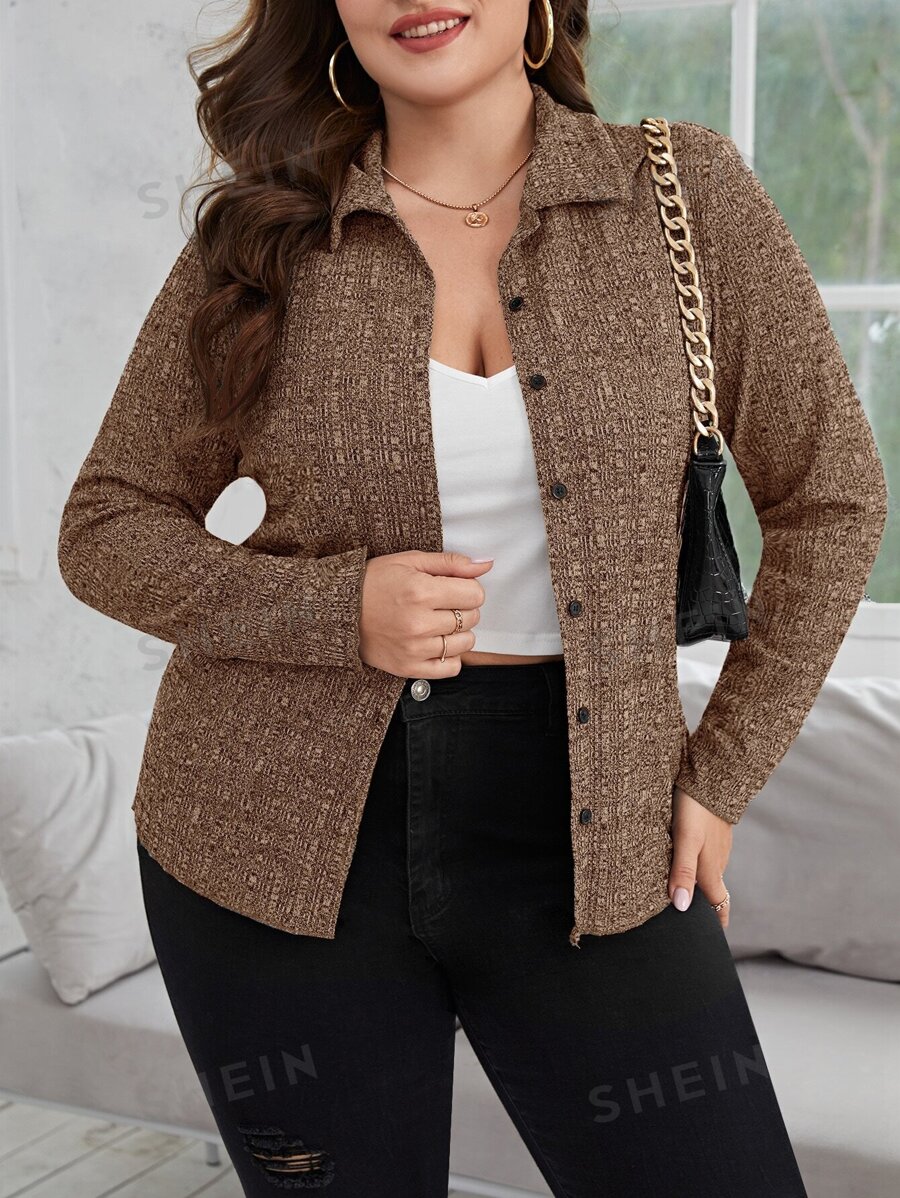 SHEIN Privé Camiseta con botón delantero - Café integral - Ver 1