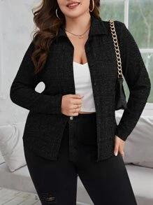 SHEIN Privé 大碼前紐扣T恤 - 黑色 - 查看 1