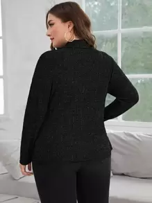 SHEIN Privé 大碼前紐扣T恤 - 黑色 - 查看 2