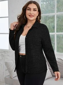 SHEIN Privé 大碼前紐扣T恤 - 黑色 - 查看 3