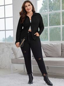 SHEIN Privé 大碼前紐扣T恤 - 黑色 - 查看 4