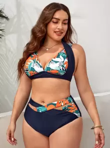 大尺碼植物印花露腰比基尼套裝，夏日沙灘必備 - 藏蓝色 - 查看 4