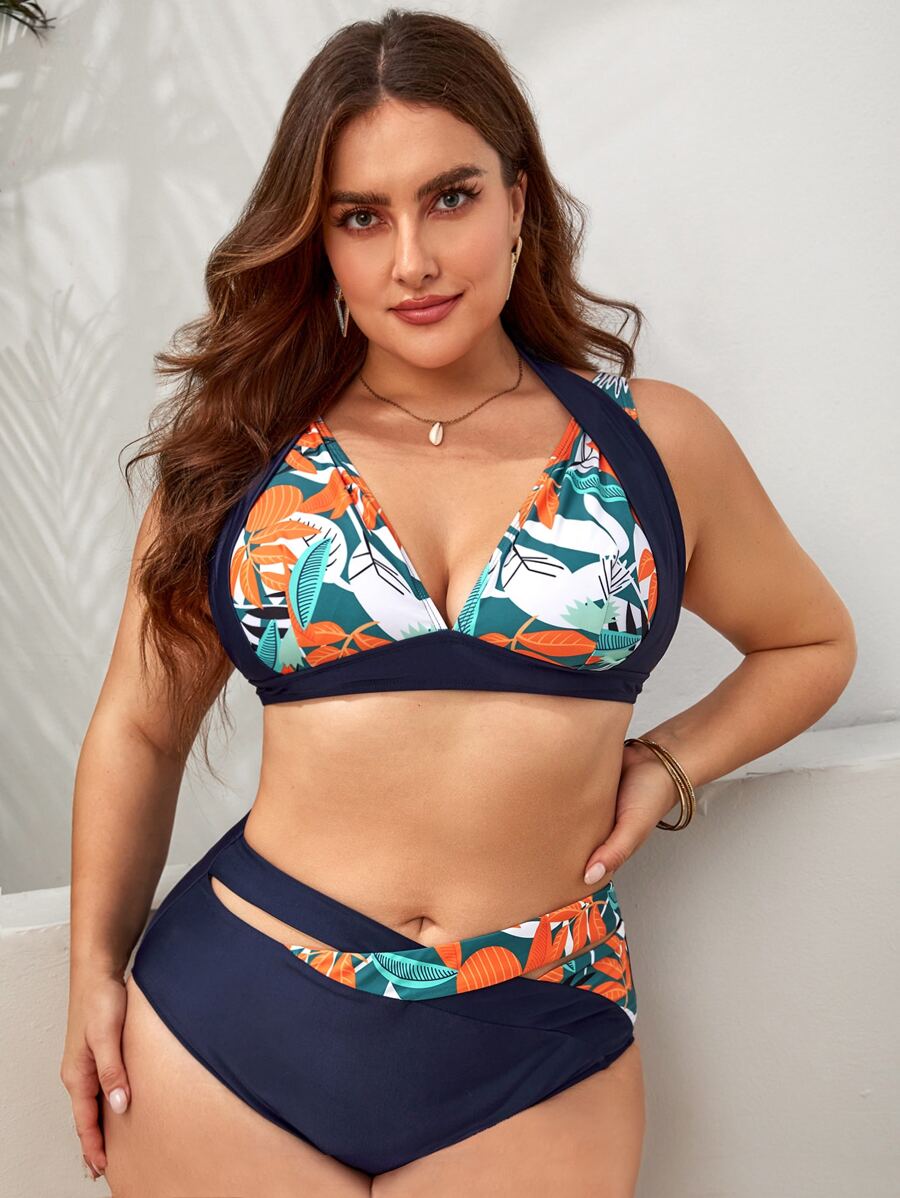 大尺碼植物印花露腰比基尼套裝，夏日沙灘必備 - 藏蓝色 - 查看 1