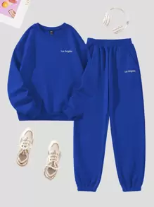 SHEIN Unity 字母圖案落肩袖加絨內裏衛衣和衛褲 - 寶藍色 - 查看 1