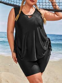 Plus Size Criss Cross Drawstring Side Tankini Summer Beach - Black - View 1