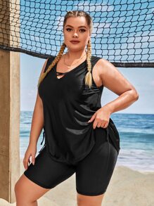 Plus Size Criss Cross Drawstring Side Tankini Summer Beach - Black - View 3