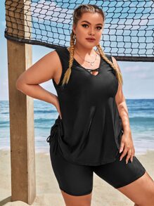 Plus Size Criss Cross Drawstring Side Tankini Summer Beach - Black - View 4