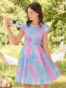 SHEIN Chicas adolescentes Vestido de tie dye ribete con fruncido tejido de canalé - Multicolor - Ver 1