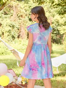 SHEIN Chicas adolescentes Vestido de tie dye ribete con fruncido tejido de canalé - Multicolor - Ver 2