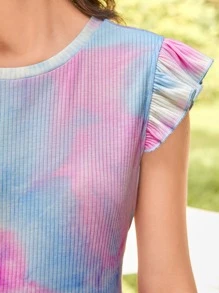 SHEIN Chicas adolescentes Vestido de tie dye ribete con fruncido tejido de canalé - Multicolor - Ver 3