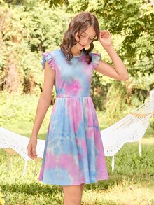 SHEIN Chicas adolescentes Vestido de tie dye ribete con fruncido tejido de canalé - Multicolor - Ver 5