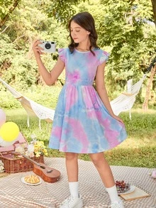 SHEIN Chicas adolescentes Vestido de tie dye ribete con fruncido tejido de canalé - Multicolor - Ver 6