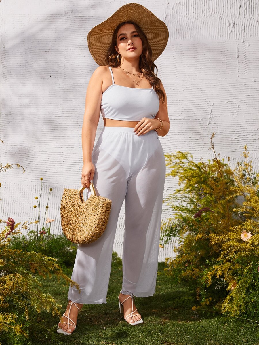 Summer Plus Size Solid Cover Up Pants - White - View 1