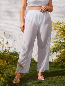 Summer Plus Size Solid Cover Up Pants - White - View 2