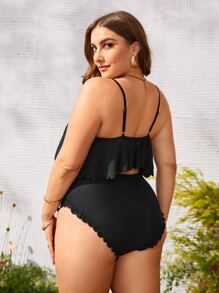 SHEIN Swim Curve 大尺碼扇貝邊荷葉邊比基尼套裝夏日海灘 - 黑色 - 查看 2