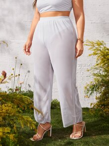 Summer Plus Size Solid Cover Up Pants - White - View 4