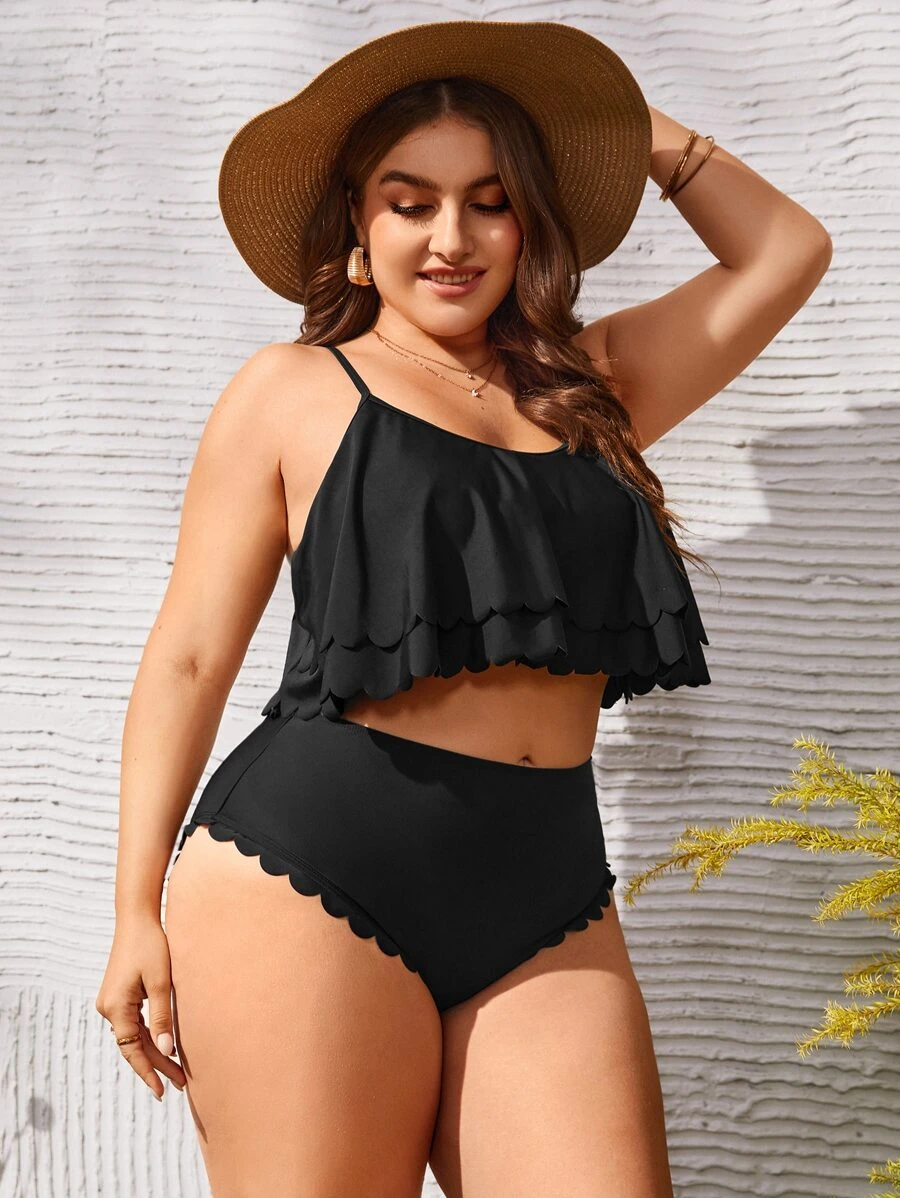 SHEIN Swim Curve 大尺碼扇貝邊荷葉邊比基尼套裝夏日海灘 - 黑色 - 查看 1