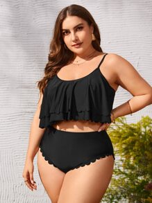 SHEIN Swim Curve 大尺碼扇貝邊荷葉邊比基尼套裝夏日海灘 - 黑色 - 查看 4
