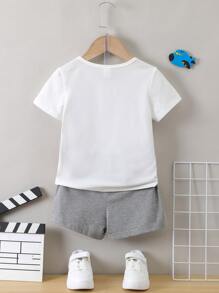 SHEIN 男小童卡通字母圖案可愛推土機設計常規袖T恤和短褲套裝適用於男孩,夏天 - 彩色 - 查看 2