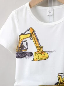 SHEIN 男小童卡通字母圖案可愛推土機設計常規袖T恤和短褲套裝適用於男孩,夏天 - 彩色 - 查看 3