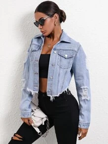 SHEIN Essnce Ripped Raw Hem Crop Denim Jacket - Light Wash - View 3