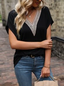 SHEIN LUNE Guipure Lace Panel Batwing Sleeve Tee Graphic Tees Women Tops - Black - View 4