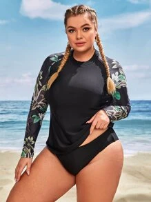 SHEIN Swim Curve Plus Size 3pcs Tropical Print Raglan Sleeve Rashguard & Shorts Set Summer Beach - Multicolor - View 3