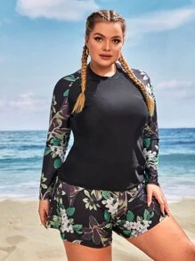 SHEIN Swim Curve Plus Size 3pcs Tropical Print Raglan Sleeve Rashguard & Shorts Set Summer Beach - Multicolor - View 4