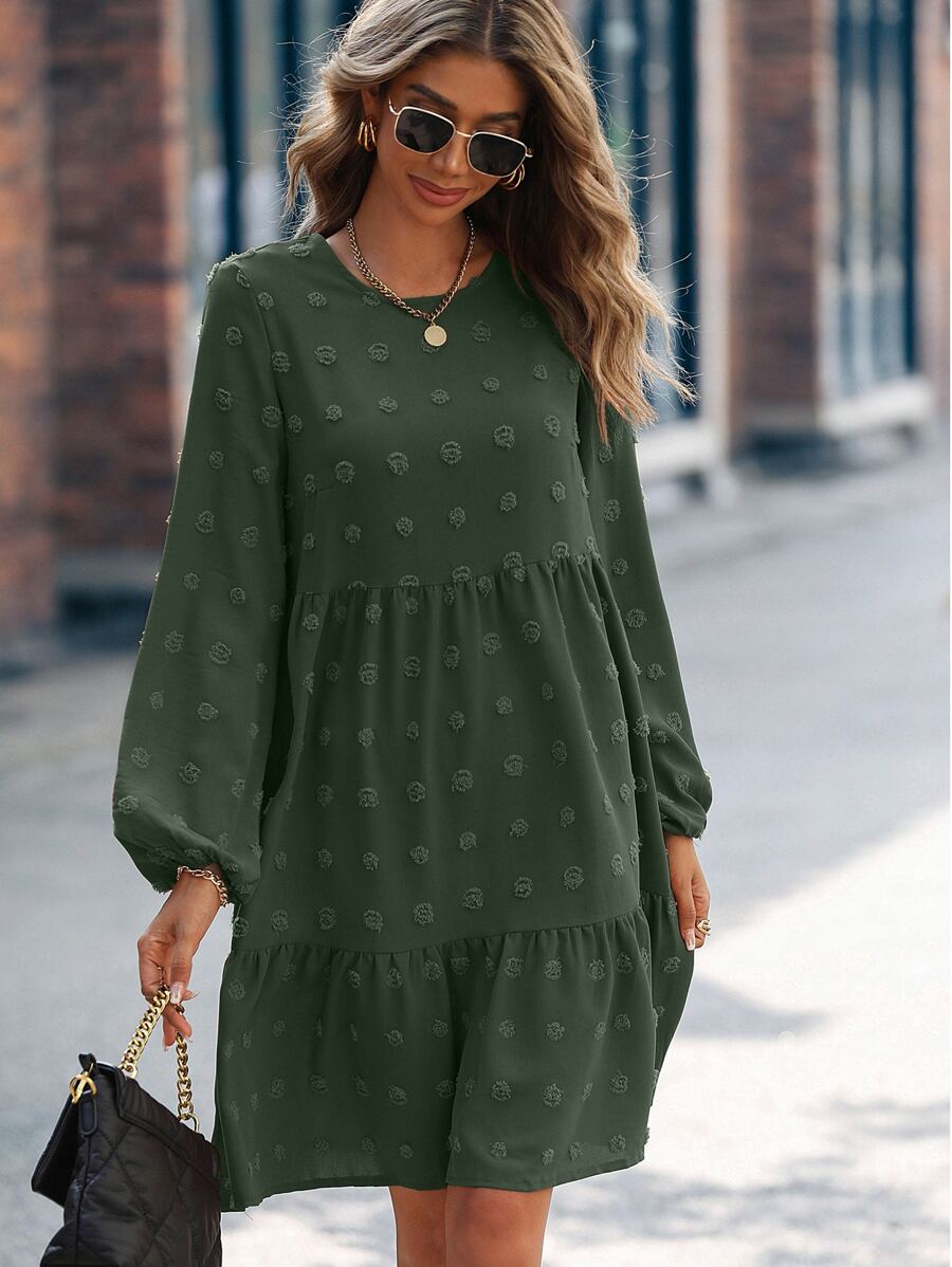 SHEIN LUNE 圓點燈籠袖荷葉邊娃娃裙 - 綠色 - 查看 1