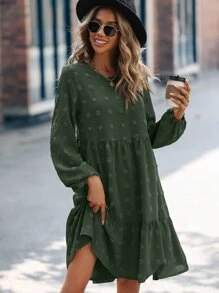 SHEIN LUNE 圓點燈籠袖荷葉邊娃娃裙 - 綠色 - 查看 4