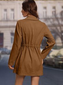 SHEIN Clasi Lapel Collar Single Breasted Drawstring Waist Coat - Coffee Brown - View 2