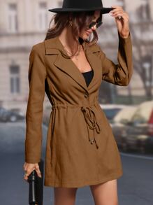 SHEIN Clasi Lapel Collar Single Breasted Drawstring Waist Coat - Coffee Brown - View 3